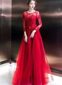 Picture of Wine Red Color Tulle Long Sleeves Lace Applique Party Dresses, A-line Tulle Formal Dresses Evening Dresses